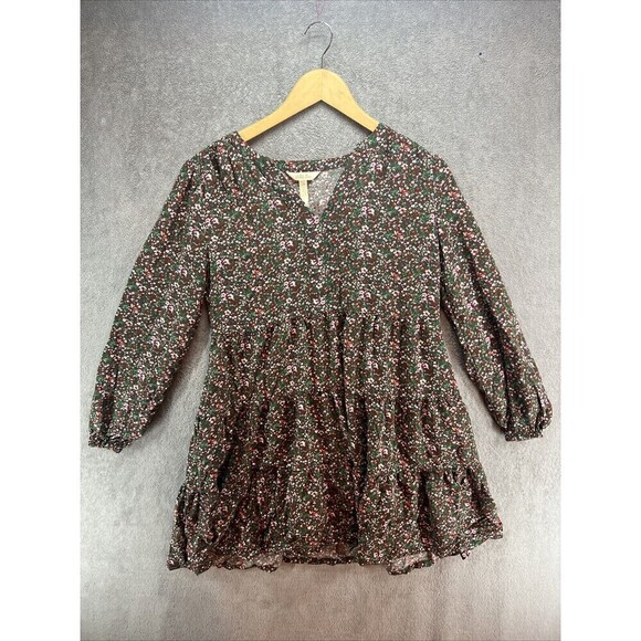 EUC Matilda Jane Womens Floral Long Sleeve Tunic Top S Green Red V-Neck Pockets - Picture 1 of 8